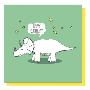 Green birthday card with an illustration of a triceratops