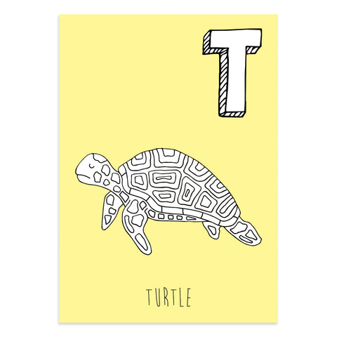 Yellow postcard with an illustration of a turtle