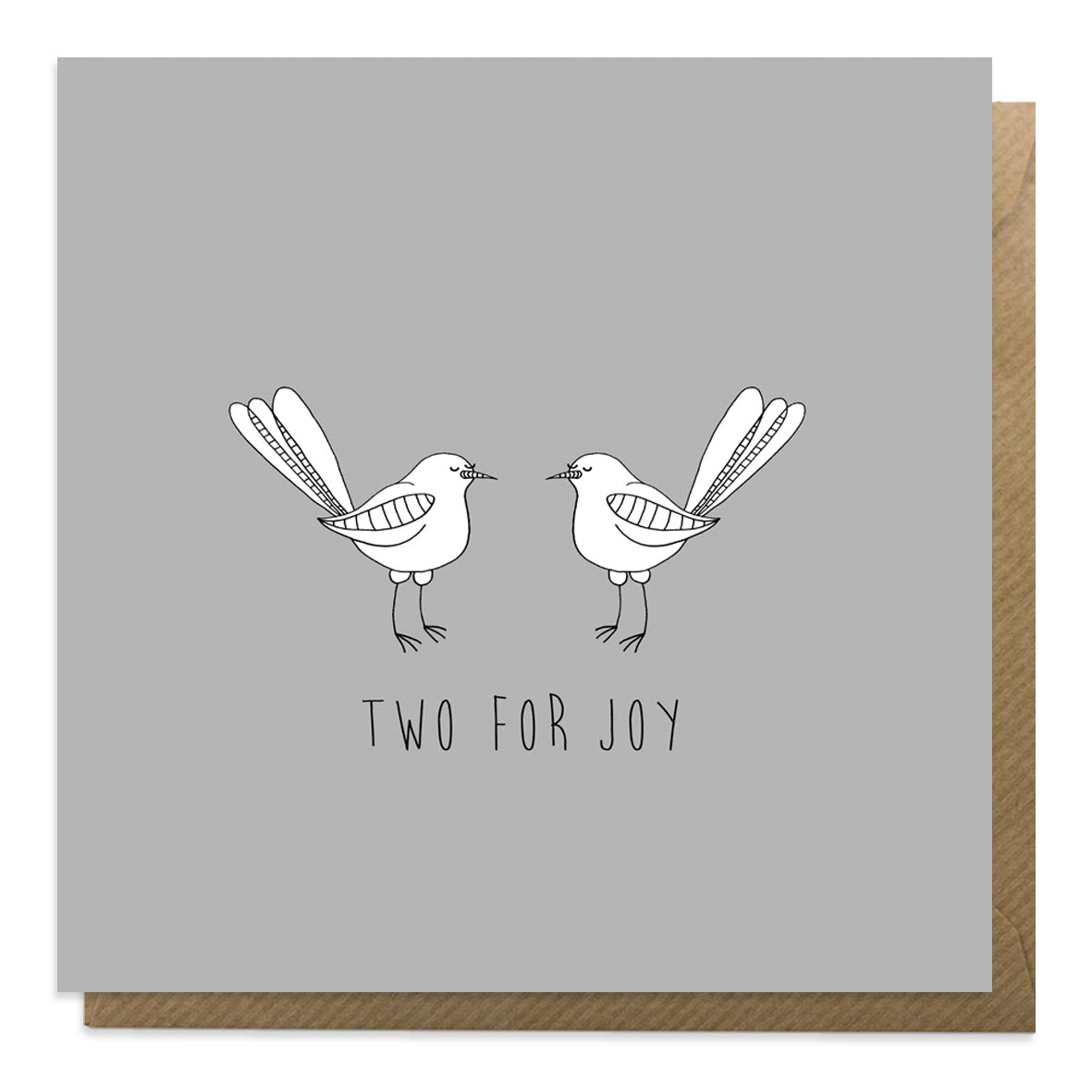 Grey greeting card with an illustration of two magpies