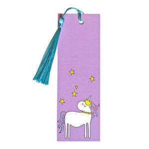 Purple unicorn bookmark with blue tassel 
