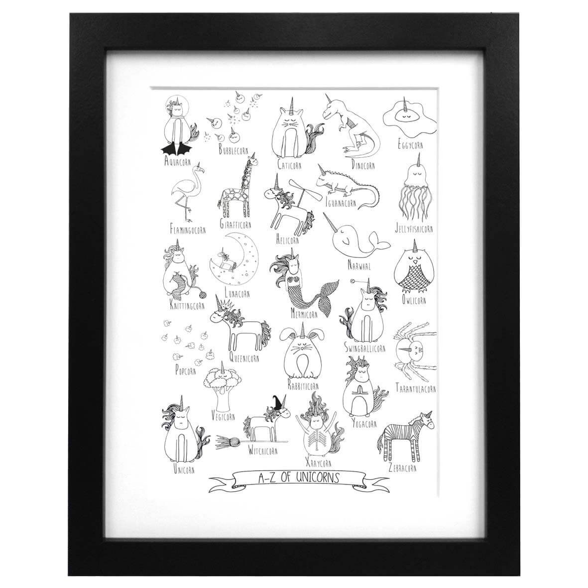 A3 sized art print featuring all of the alphabet unicorns