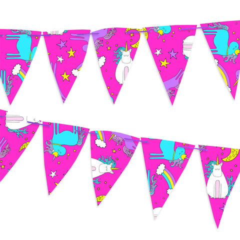 Pink paper bunting covered in unicorns and rainbows