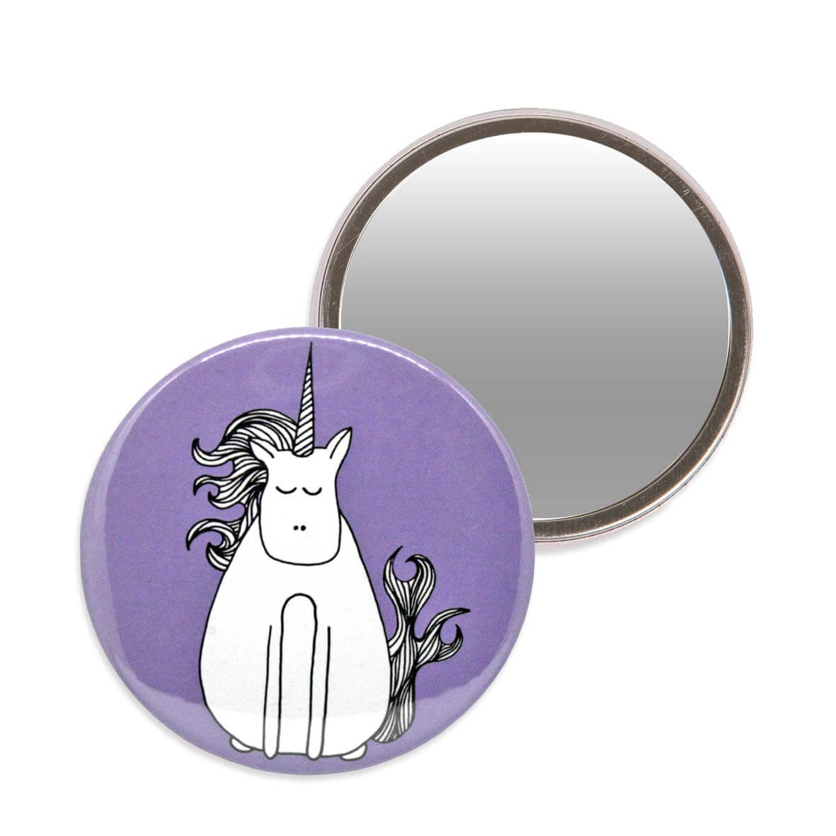 Purple makeup mirror with an illustration of a unicorn. 7.6cm diameter