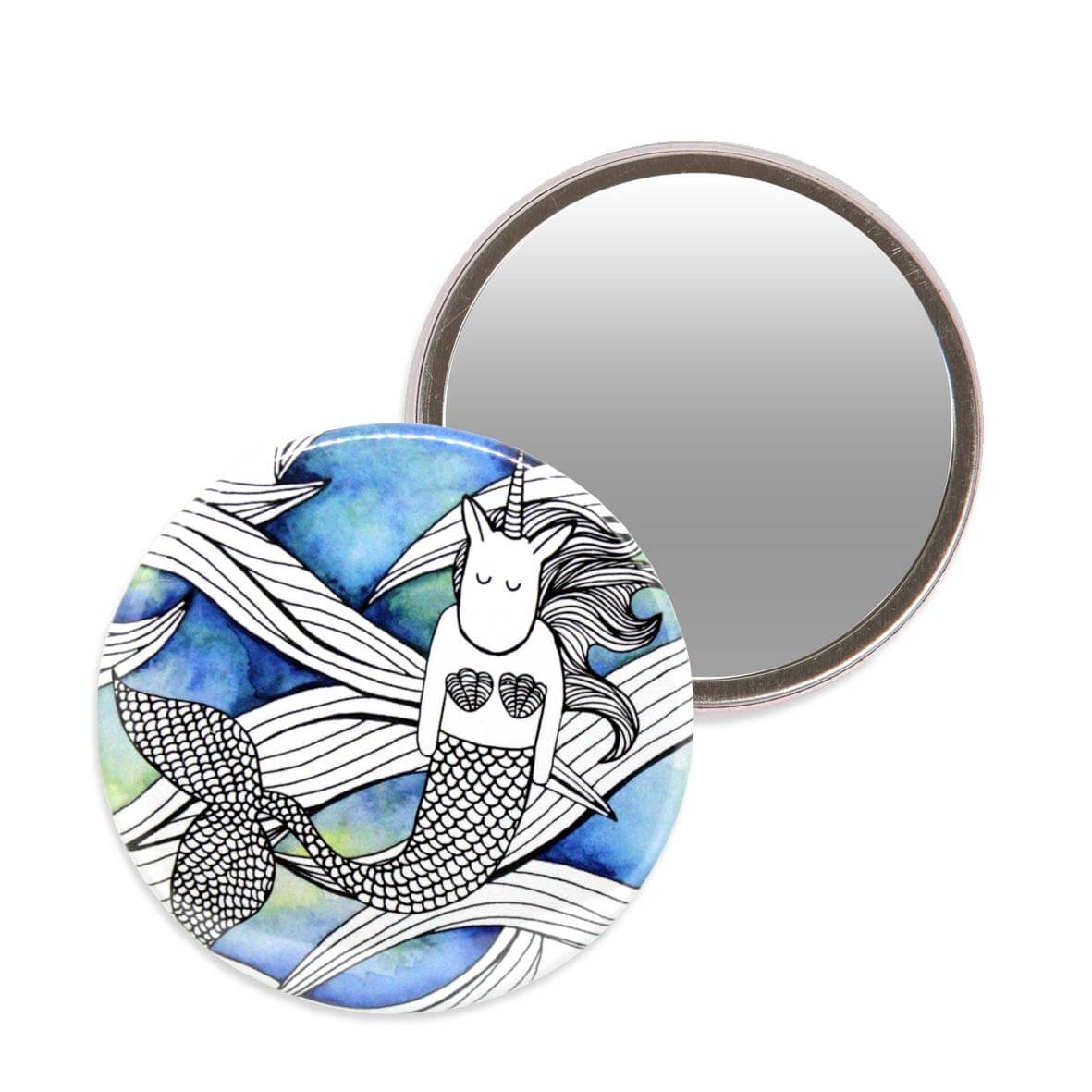 Makeup mirror with an illustration of a unicorn mermaid