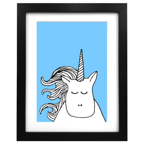Blue A3 art print with an illustration of a beautiful unicorn face