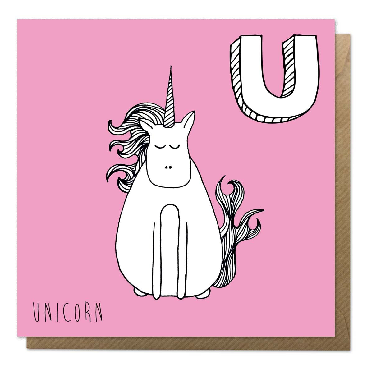 Pink alphabet unicorn card with an illustration of a unicorn
