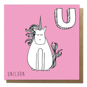Pink alphabet unicorn card with an illustration of a unicorn