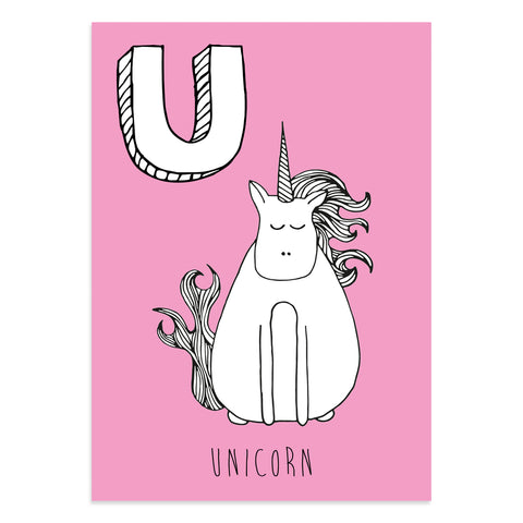 Unicorn postcard featuring U for Unicorn