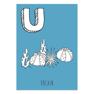 Blue postcard featuring the letter U for urchin