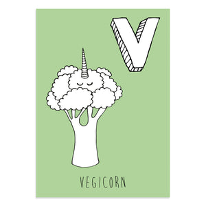 Unicorn postcard featuring the letter V for Vegicorn