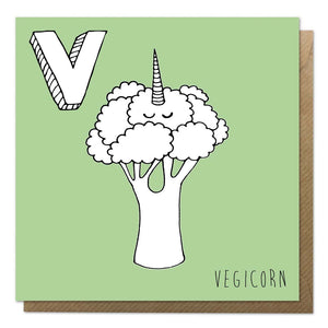 Green alphabet unicorn card with an illustration of a vegetable unicorn