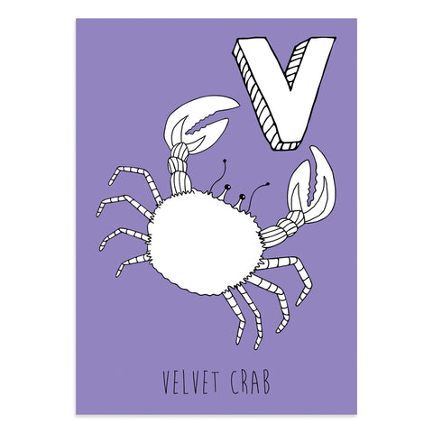Purple postcard featuring the letter V for velvet crab