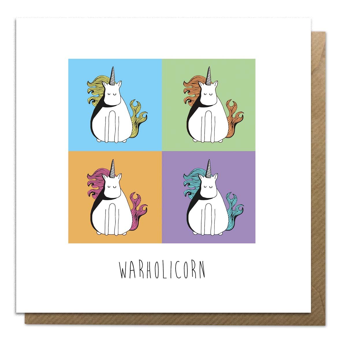 Greeting card featuring an illustration of Warhol unicorns