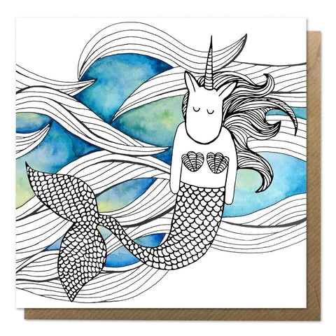 Greeting card with an illustration of a mermaid unicorn on a watercolour background