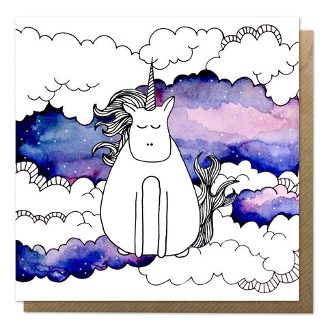 Greeting card with an illustration of a unicorn on a watercolour background