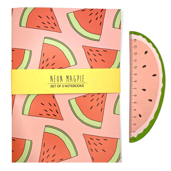 Watermelon notebook and wooden ruler
