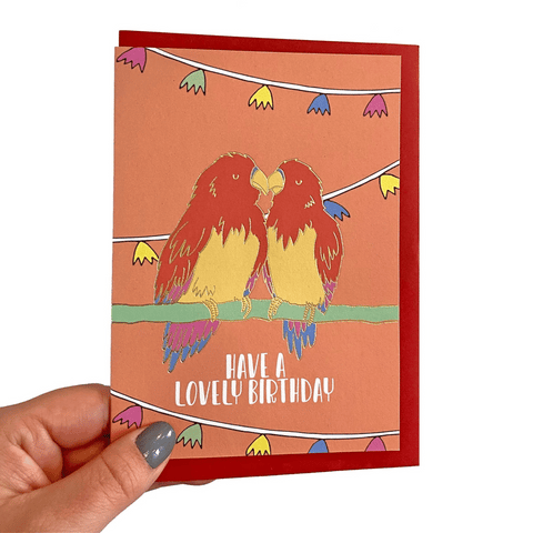 Orange bird birthday card with gold foil lovebird image