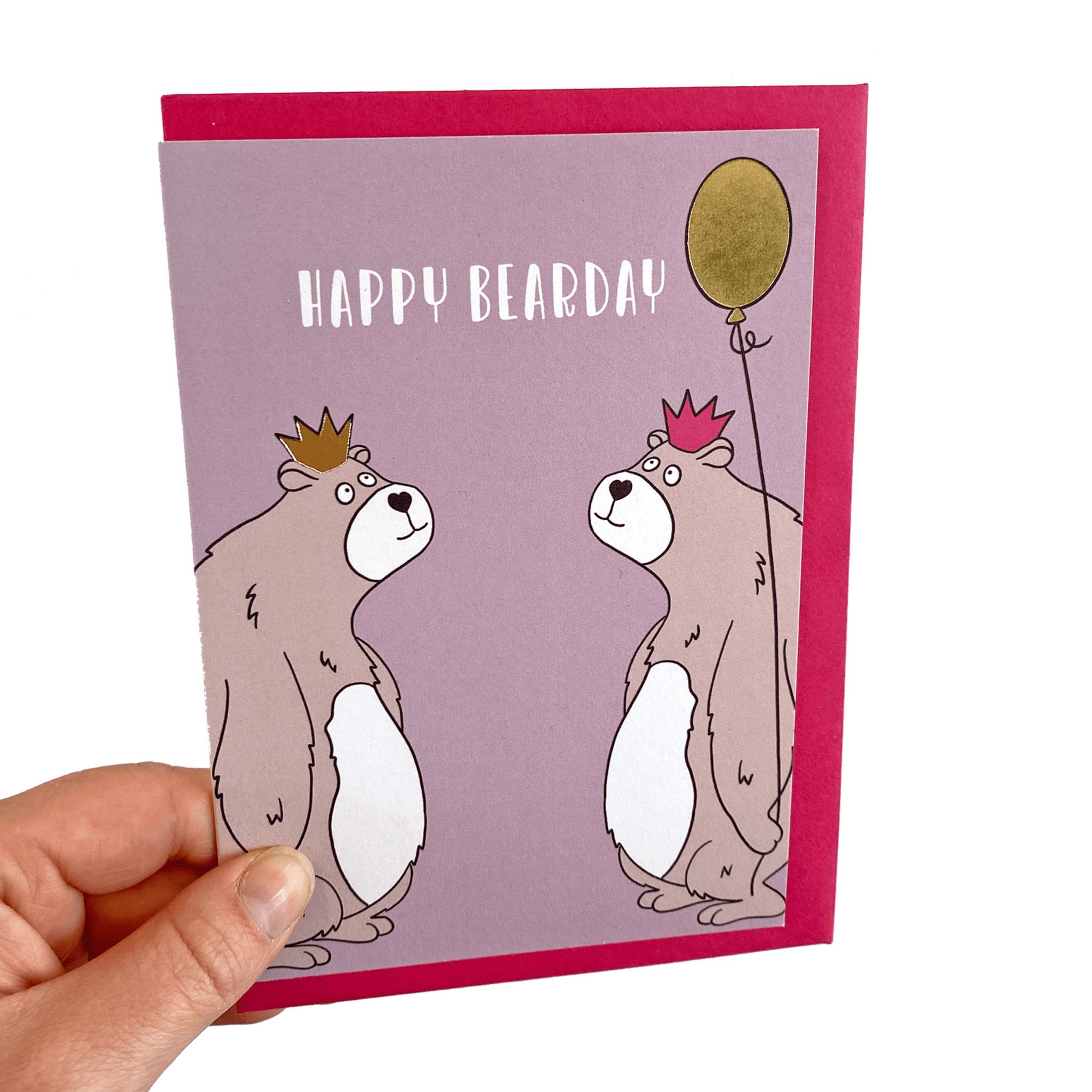 Purple birthday card with two bears and a gold foil balloon
