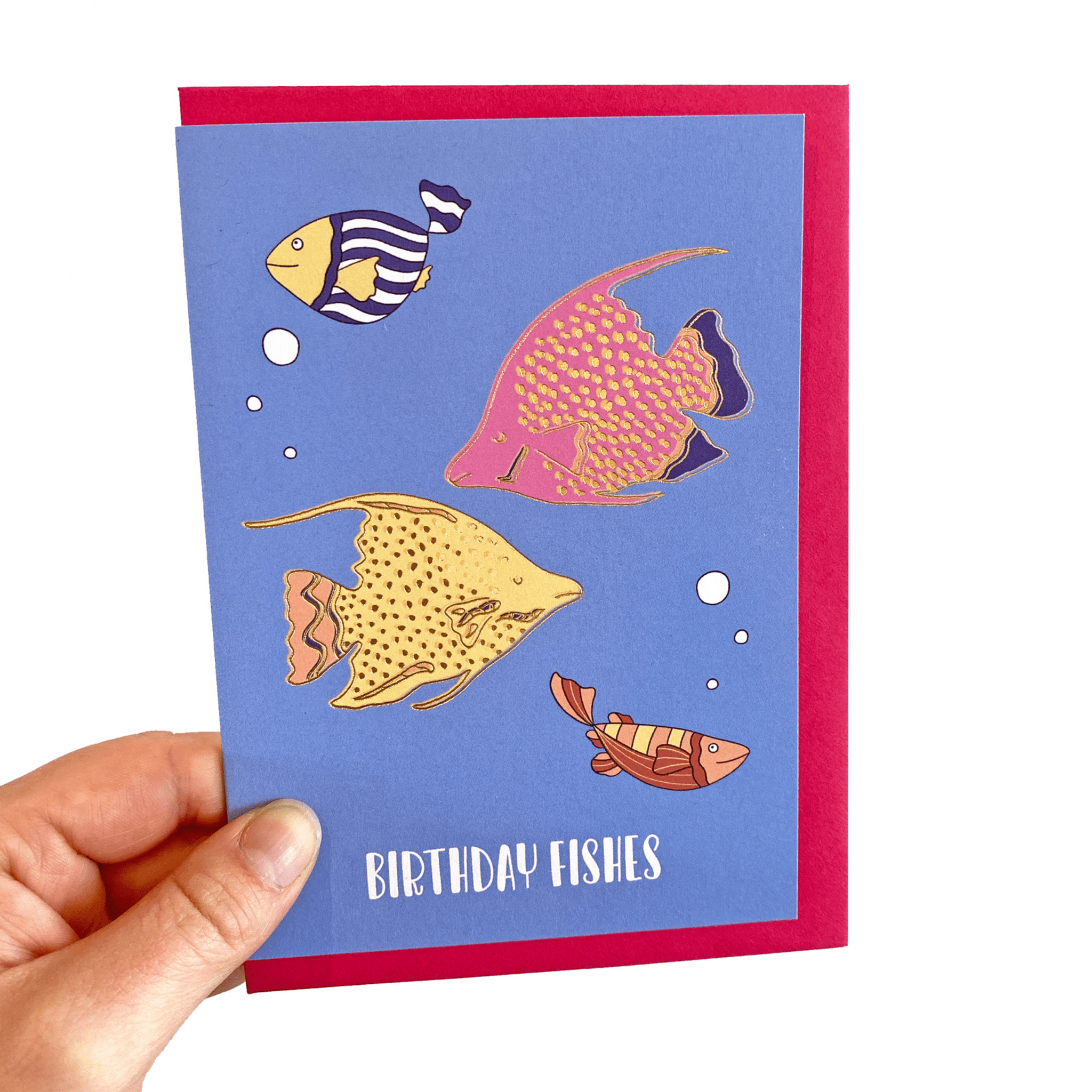 Blue birthday card with two gold foil fish