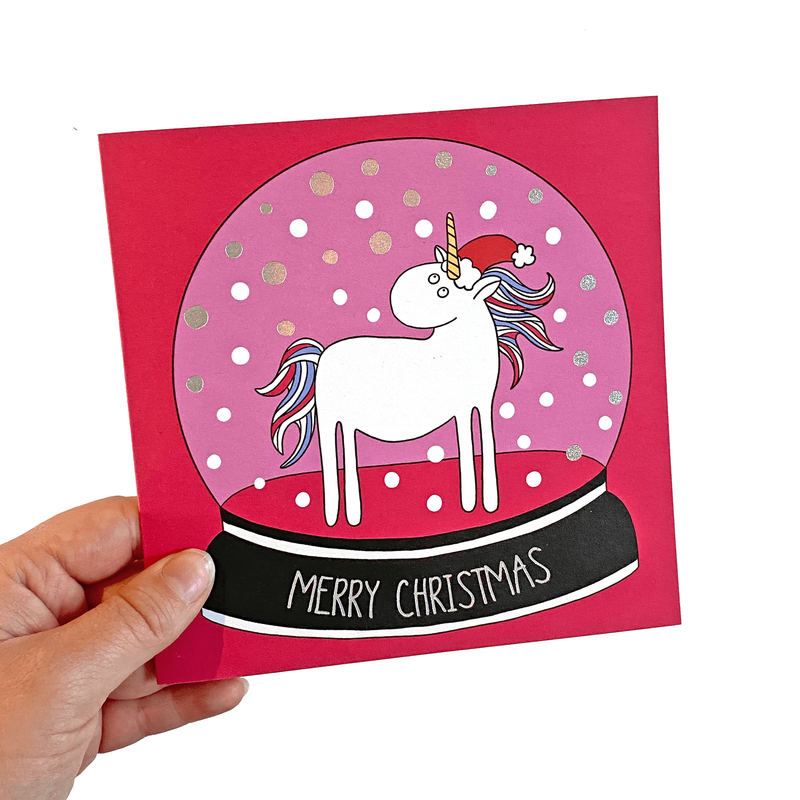 Snow Globe Unicorn Christmas Card - Neon Magpie