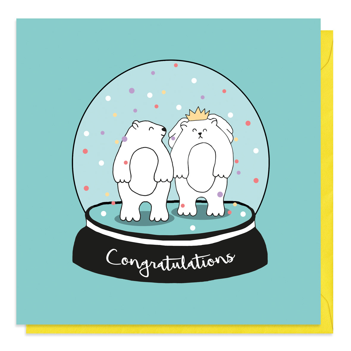 Turquoise card with an illustration of bears getting married in a snow globe