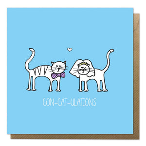 Blue wedding card with an illustration of cats getting married
