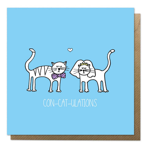 Blue wedding card with an illustration of cats getting married