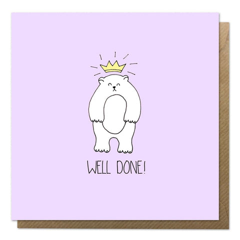 Purple well done card with an illustration of a bear