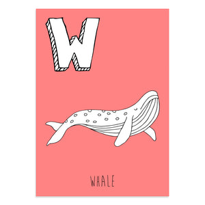 Red postcard featuring the letter W for whale