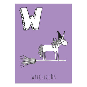 Unicorn postcard featuring the letter W for witchicorn