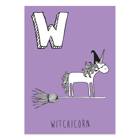 Unicorn postcard featuring the letter W for witchicorn
