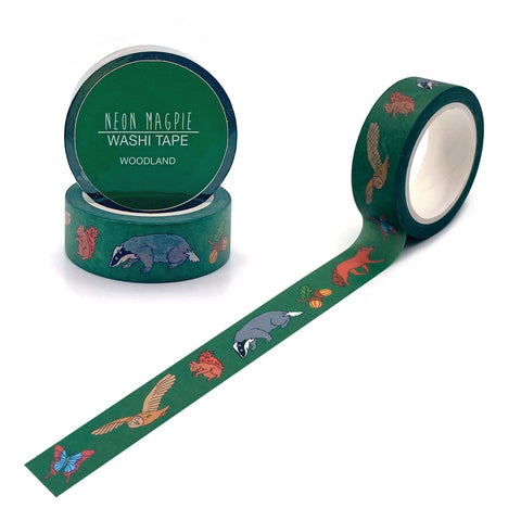 Green washi tape with an owl, squirrel, fox and badger