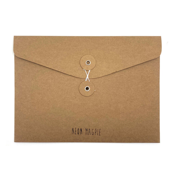 Back of letter set packaging with string tie closure