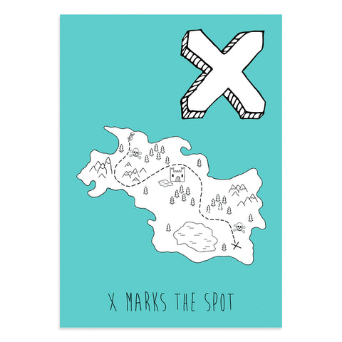 Turquoise postcard featuring the letter X for x marks the spot