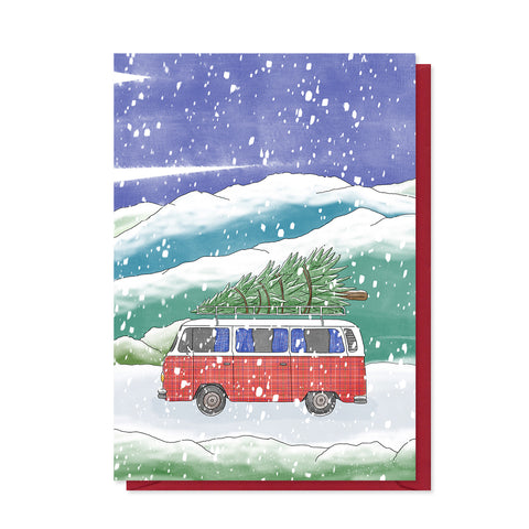 Tartan Camper Van Christmas Card - Neon Magpie