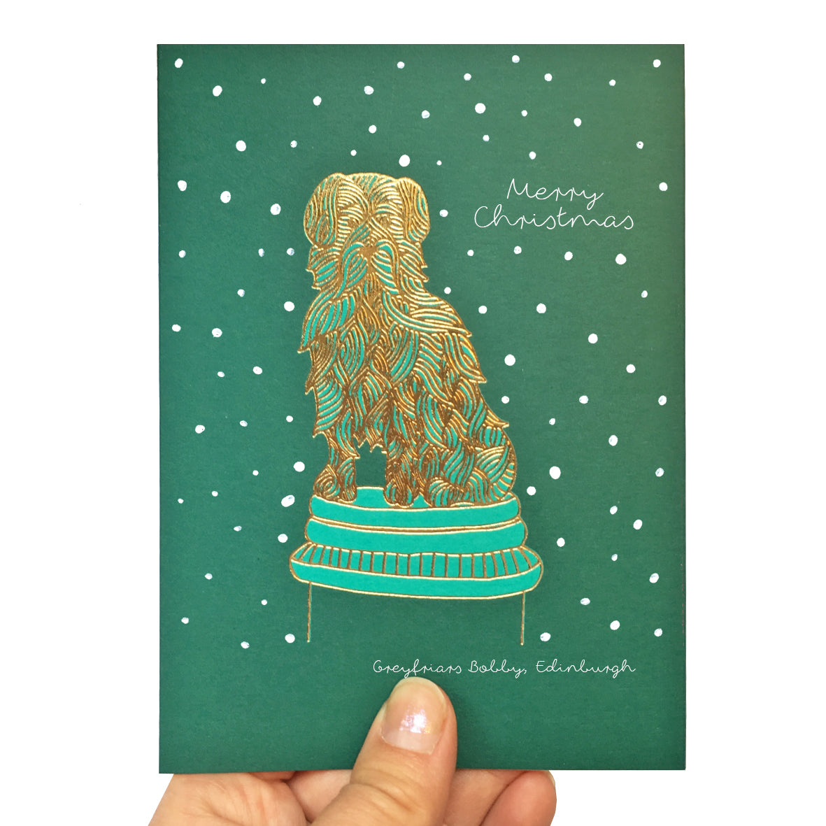 Turquoise Scottish Christmas card featuring greyfriars bobby
