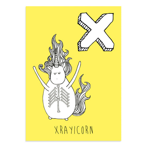 Unicorn postcard featuring the letter X for xraycorn