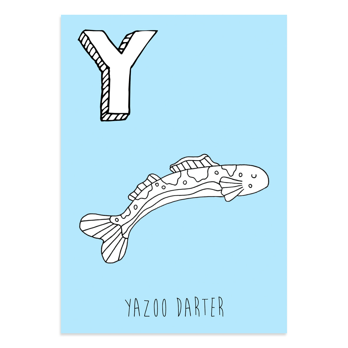 Blue postcard featuring the letter Y for yazoo darter fish