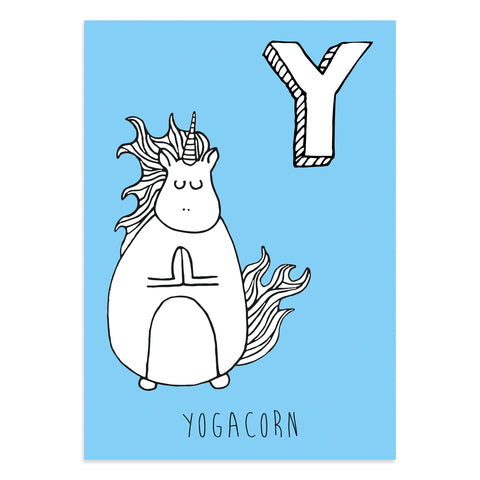 Unicorn postcard featuring the letter Y for yogacorn