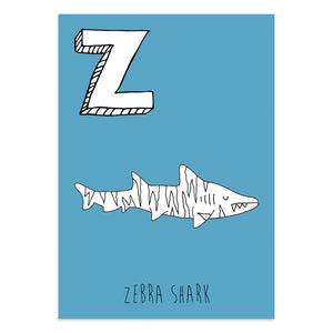 Blue postcard featuring the letter Z for zebra shark