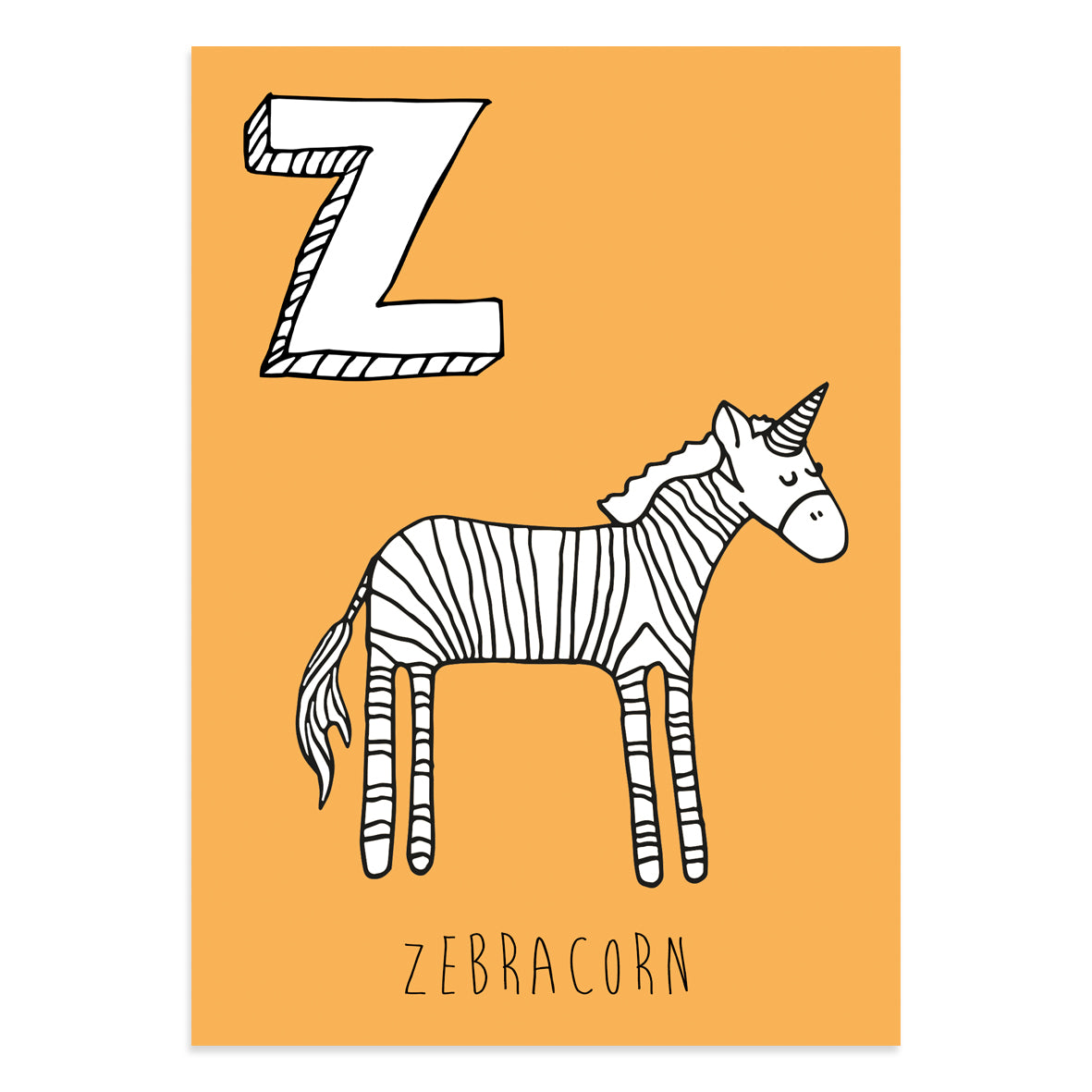 Unicorn postcard featuring the letter Z for zebracorn