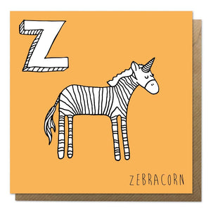 Orange alphabet unicorn card with an illustration of a zebra unicorn