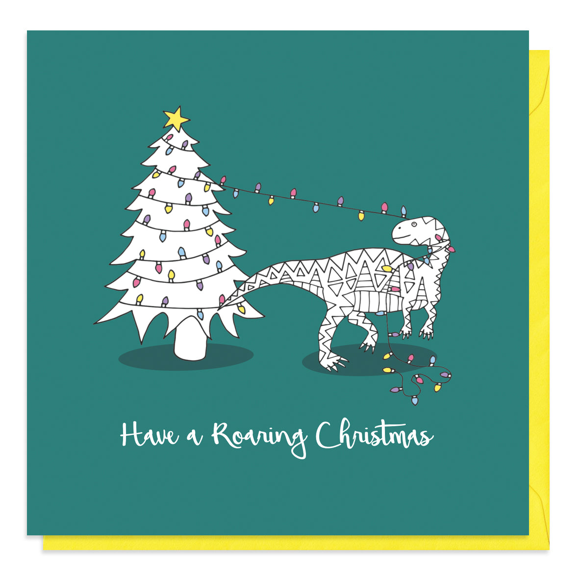 Turquoise card featuring an illustration of a dinosaur in fairy lights