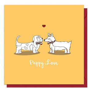 Orange dog Valentine's Day card with an illustration of a Bassett hound and a corgi