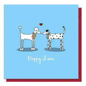 Blue dog Valentine's Day card with an illustration of a poodle and a dalmatian