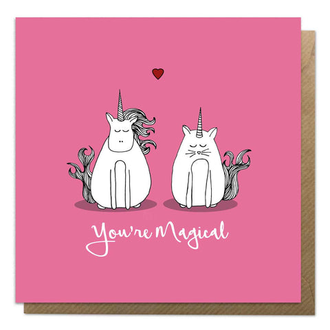 Pink Valentine's Day card with an illustration of a unicorn and a caticorn 