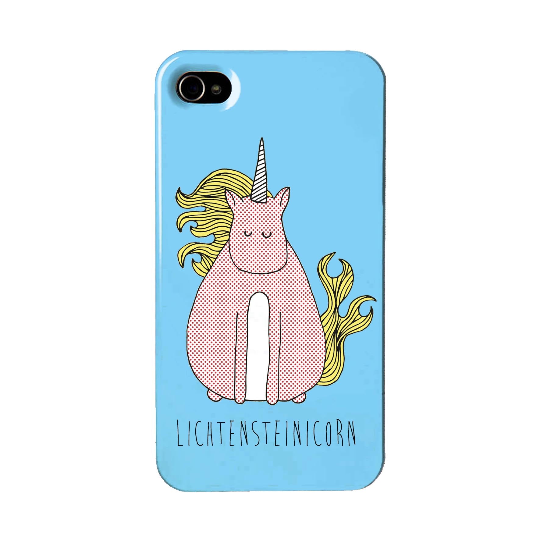 Blue phone case with an illustration of Lichtenstein unicorn